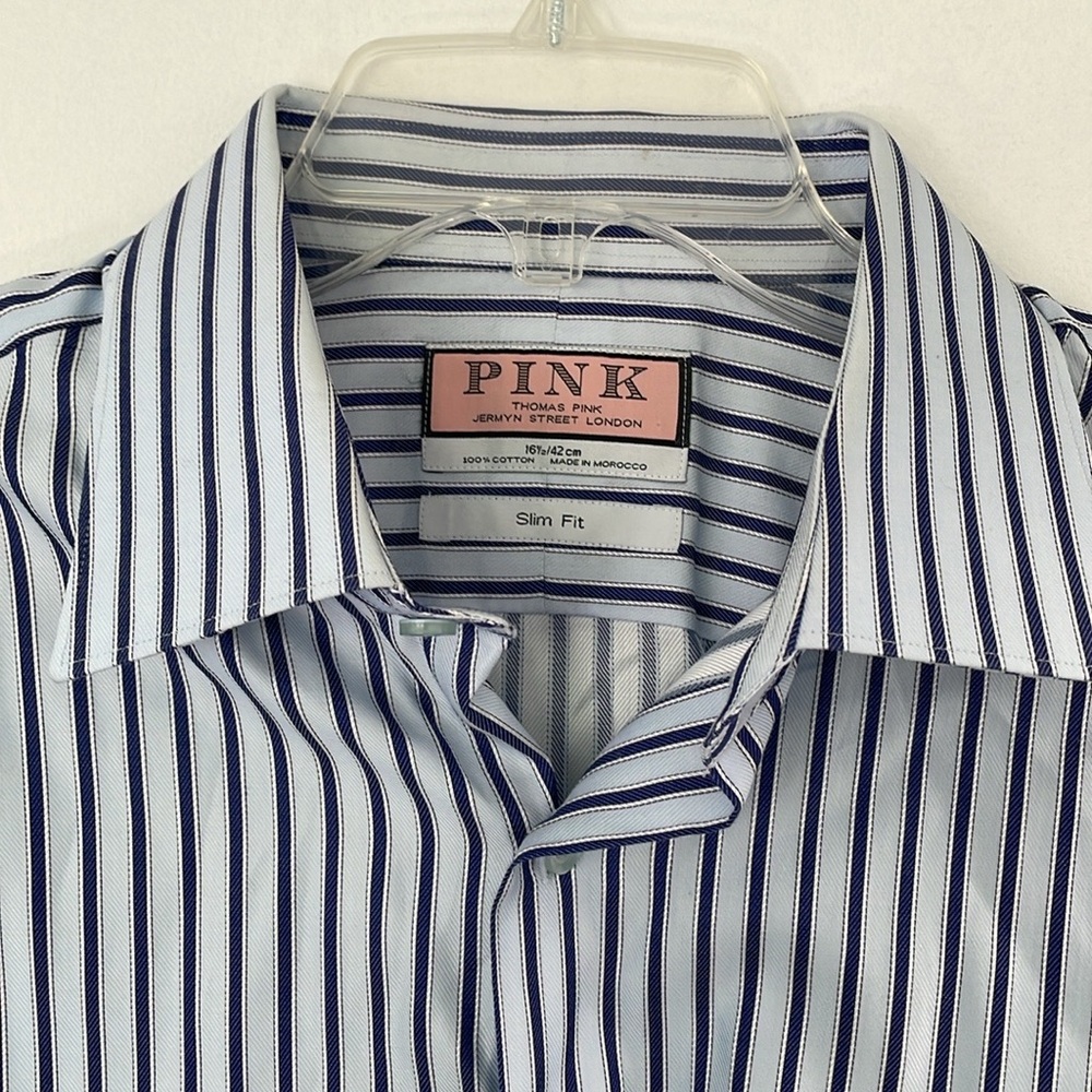 Thomas Pink Striped Blue with White Dress Shirt. French cuff